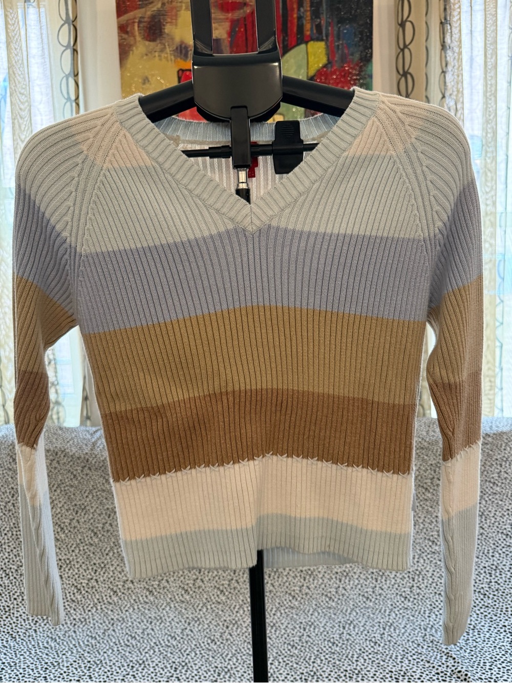Esprit Ribbed V-Neck Striped Sweater in Blue, Brown & Cream